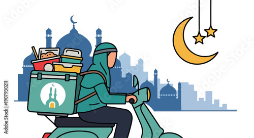 Illustration of a delivery person riding a scooter with food at night against a city skyline with a mosque and crescent moon.