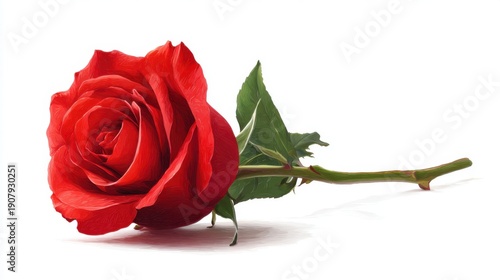 Red rose close-up with lush green leaf on white background.