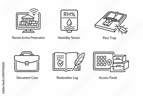 Icons for remote archive preservation: humidity sensor, pest trap, document case, restoration log, access panel