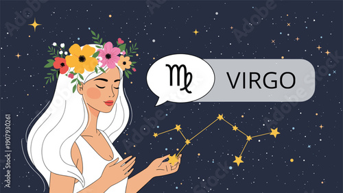 Beautiful woman with flowers in her long white hair is shown with the virgo zodiac sign and constellation on a starry night background.