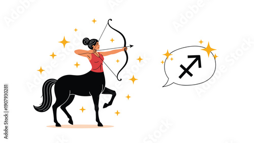 Centaur woman archer aims her bow and arrow among sparkling stars next to a speech bubble containing the sagittarius zodiac symbol.