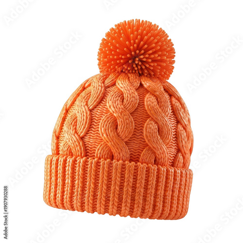 A cozy orange knit hat with a large fluffy pom pom on top