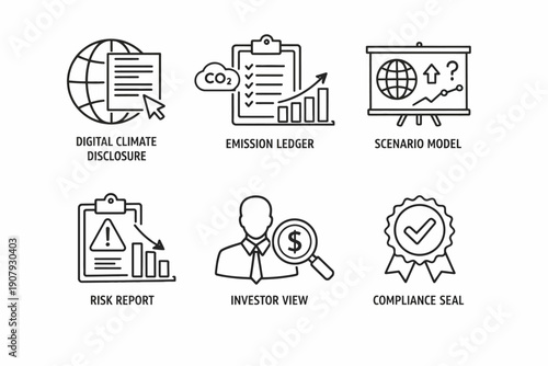 Digital climate tools: emission ledger, scenario model, investor view, compliance seal icons