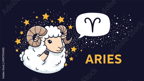 Aries zodiac sign featuring a cute sheep character and golden stars on a dark navy background for astrology and horoscope illustrations.