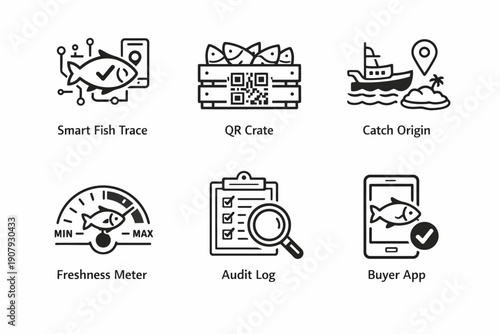 Smart fish tracking icons: trace, qr crate, catch origin, freshness, audit, buyer app