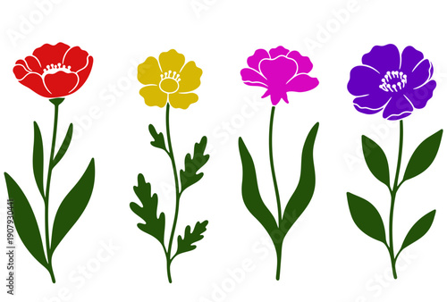 Collection of colorful spring flowers with green stems