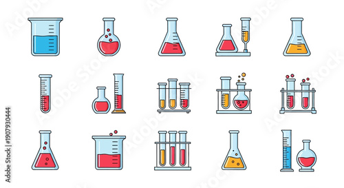 Illustrated chemical glassware icons in color, suitable for scientific illustration or design