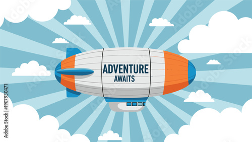 Adventure awaits typography displayed on a vintage blimp flying through a bright blue sky with radiant sunbeams and fluffy white clouds.