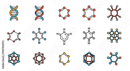 Illustrated chemical structures representing molecules, DNA helix, and atomic arrangements