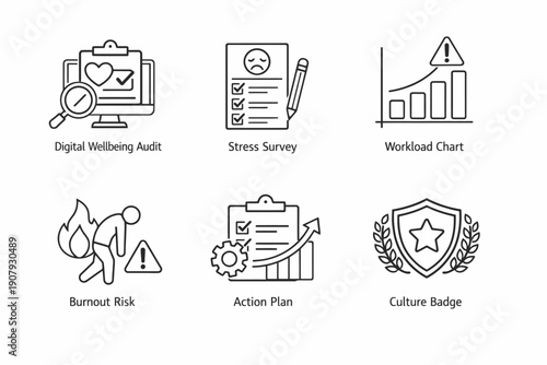 Icons representing digital wellbeing audit and stress management tools