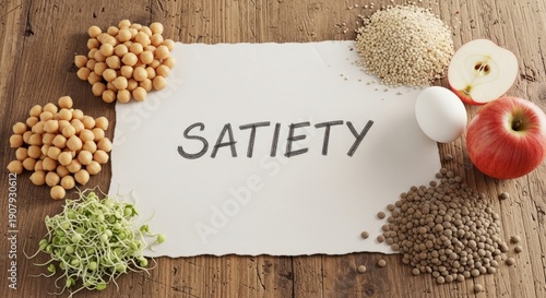 Ultra high definition photorealistic editorial image of satiety promoting foods arranged around a hand labeled paper reading SATIETY, showing chickpeas, quinoa, lentils, egg, apple on natural wood