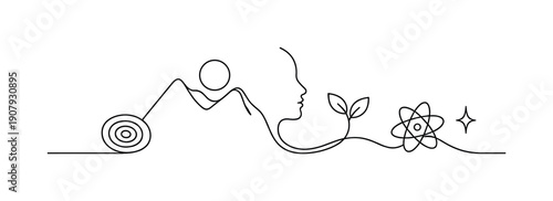 One-Line Core Reality. Core Reality. Minimalistic one-line drawing abstract representation of reality distilled to its