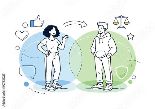 Respectful relationships & boundaries. People standing comfortably with personal space marked by soft shapes, thumbs-up