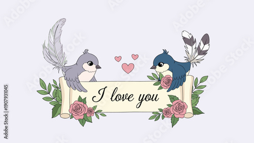 I love you romantic scroll held by two cute birds surrounded by soft pink roses and green leaves on a gentle light purple background.