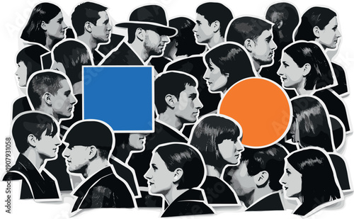 An abstract social landscape where people appear as layered black-and-white cut-out fragments, overlapping faces and