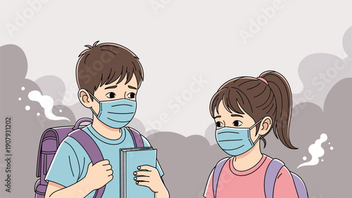 School children wearing protective face masks and carrying backpacks and books while standing outside during a global health emergency.