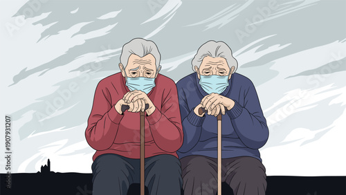 Elderly couple sitting together wearing protective face masks and holding wooden walking canes in front of a dramatic cloudy gray sky.