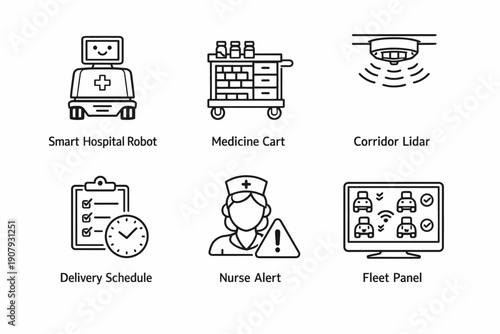 Smart hospital technology icons: robot, medicine cart, nurse alert, fleet panel, lidar, schedule