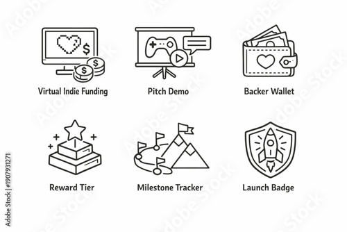 Indie game funding icons: funding, demo, wallet, reward, milestone, launch badge
