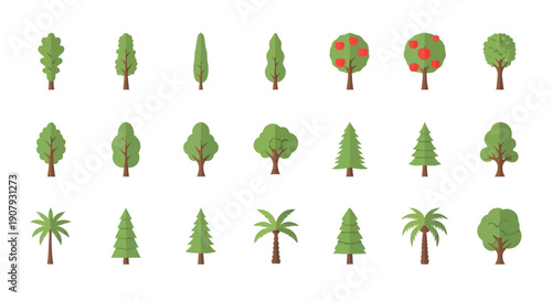 A collection of stylized illustrations depicting different tree types in a flat design