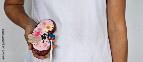 Wallpaper Mural Woman holding model human kidney halves at white body Torontodigital.ca