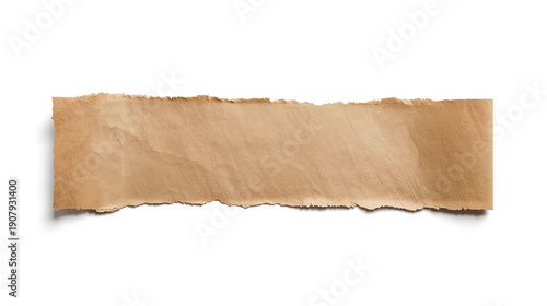 Torn brown kraft paper strip with uneven edges, displayed horizontally against a white background. The natural texture shows visible fibers, enhanced by soft neutral lighting and subtle shadows.