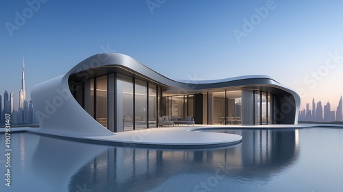 Moderne schwimmende Architektur mit geschwungenen Linien auf ruhigem Wasser