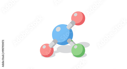 A colorful stylized illustration of a molecular structure with spherical components and connections