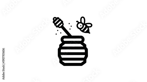 Black and white illustration of a honey pot with a dipper and a flying bee