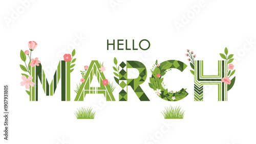 Hello march spring seasonal design with green letters decorated with pink flowers and fresh green grass elements on a white background.