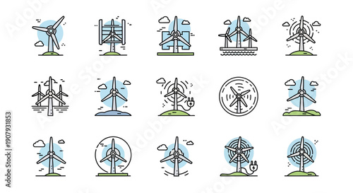 Aesthetic Vector Illustrations of Various Wind Turbine Designs for Renewable Energy Concepts
