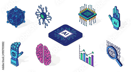 Artificial intelligence icons representing computational neural networks and smart technology