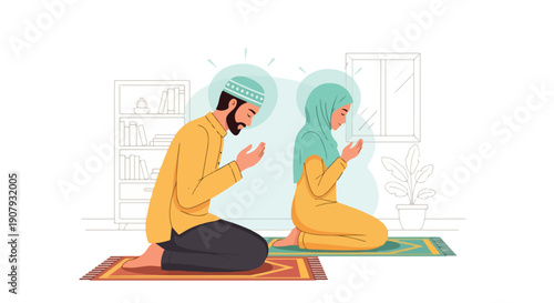 Illustration of a Muslim man and woman praying together on colorful mats in a simple room with a serene atmosphere.