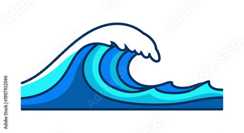 Cartoon depiction of a stylized ocean wave with shades of blue and white isolated
