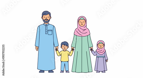 Flat illustration of a Muslim family of four standing together, wearing traditional clothing and headscarves against a plain white background.