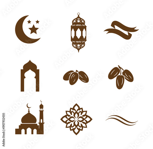 Islamic ramadan eid al fitr and eid al adha symbol icons set  mosque lantern crescent moon star dates