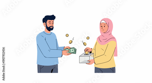 Illustration of a man and woman exchanging money and goods on a clean white background with a neutral mood.