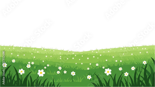 Serene green meadow with white flowers swaying gently in the breeze viewed from a distance