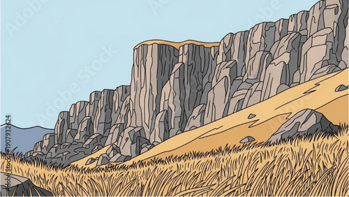 Cliffs and grassy hillside landscape illustration viewed from a distance on a clear day