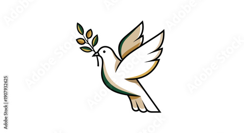 Flying dove carrying olive branch symbol of peace and hope isolated