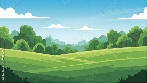 Serene landscape with lush green hills and trees under a clear blue sky viewed from a distance