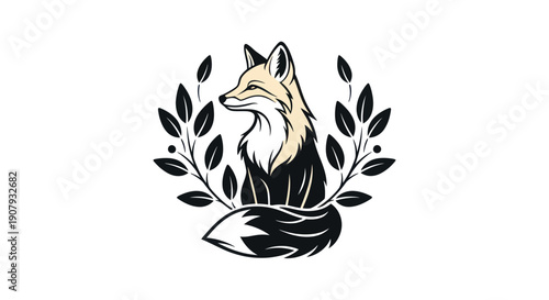 Fox illustration with foliage frame in vector design isolated on white