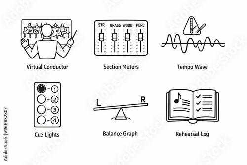Virtual conductor and musical tools interface with icons for sound engineering and performance management