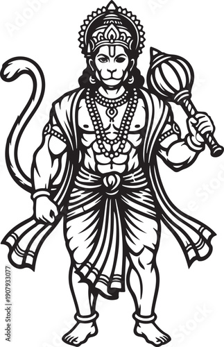 Wallpaper Mural Lord Hanuman Standing with Gada Line Art Vector Illustration Symbol of Strength Devotion and Protection Torontodigital.ca