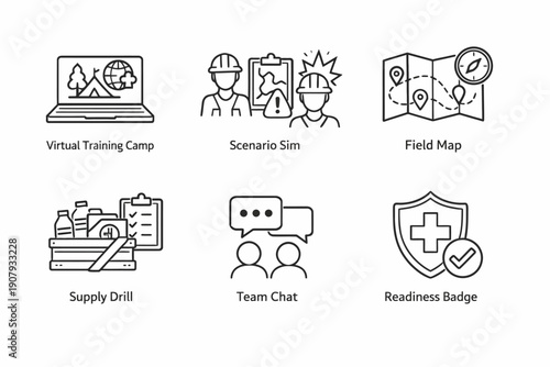 Virtual training camp icons: scenario sim, field map, supply drill, team chat, readiness badge