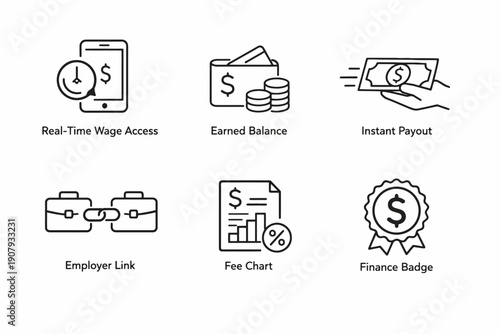 Real-time wage access and financial tools icons set