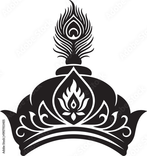 Sacred Hindu Symbol Vector with Peacock Feather and Lotus Flame in Spiritual Line Art Style