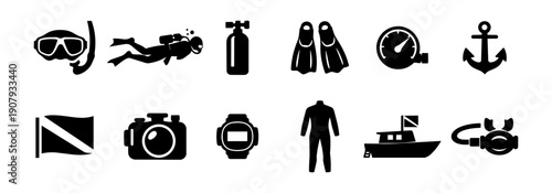 Scuba Diving and Underwater Activity Icons Set – 12 Black Silhouette Diving Equipment Symbols