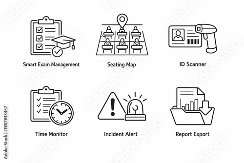 Smart exam management tools: seating map, id scanner, time monitor, incident alert, report export