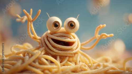 Flying spaghetti monster cartoon illustration for religious satire and pasta dish concept art